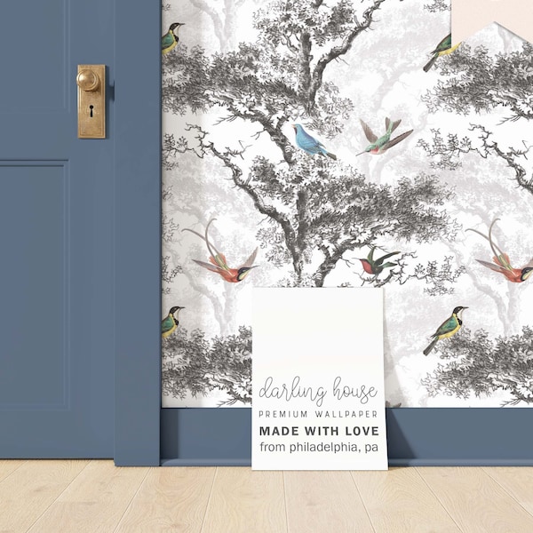Forest Bird Wallpaper | Vintage Black White Woodland Mural | Peel and Stick, PrePasted, Unpasted | NA007