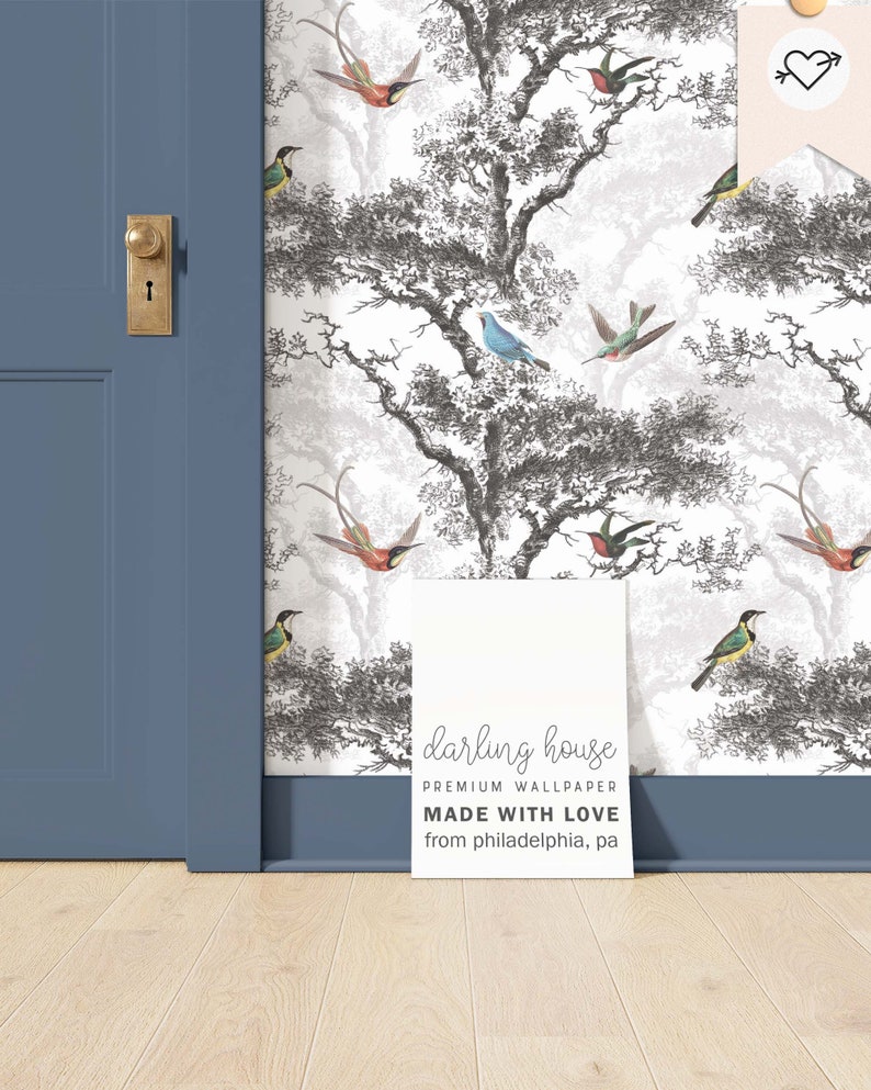 Whimsical Forest Bird Toile Wallpaper Premium Removable Peel Stick Scenic Woodland Landscape Mural Bedroom Bathroom Nursery NA007 Custom - message us!