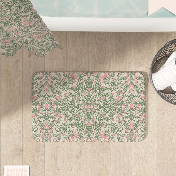 Green Botanical Bath Mat + Matching Shower Curtain | Microfiber Memory Foam Bathroom Rug | Art Nouveau Floral Decor | Vintage Bath Accessory