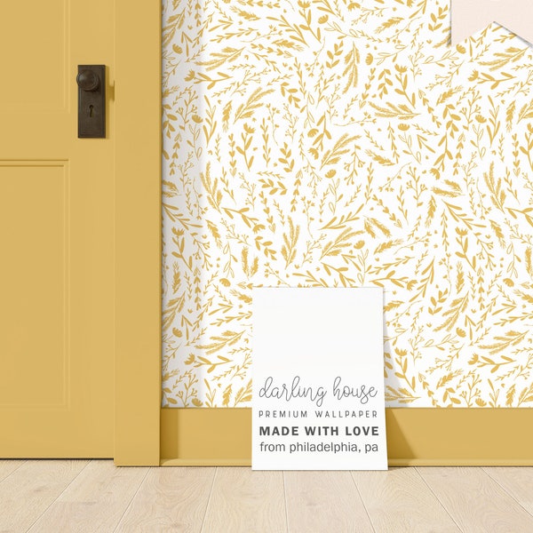 Yellow Scandinavian Floral Wallpaper | Peel and Stick, PrePasted, Unpasted | Minimalist Botanical Line Art |  BT019-GOLD