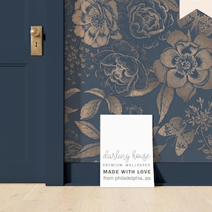 Navy Blue Vintage Floral Wallpaper | Peel and Stick, PrePasted, Unpasted | Dark Moody Mural | FL008-GOLD