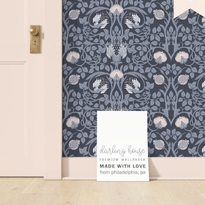 Blue Art Nouveau Floral Wallpaper | Peel and Stick, PrePasted, Unpasted | William Morris Damask | FL077-NAVY 5ft x 26in