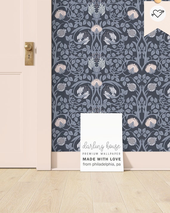 Blue Art Nouveau Floral Wallpaper | Peel and Stick, PrePasted, Unpasted | William Morris Damask | FL077-NAVY
