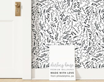 Black and White Botanical Wallpaper | Peel and Stick, PrePasted, Unpasted | BT019-BLCK