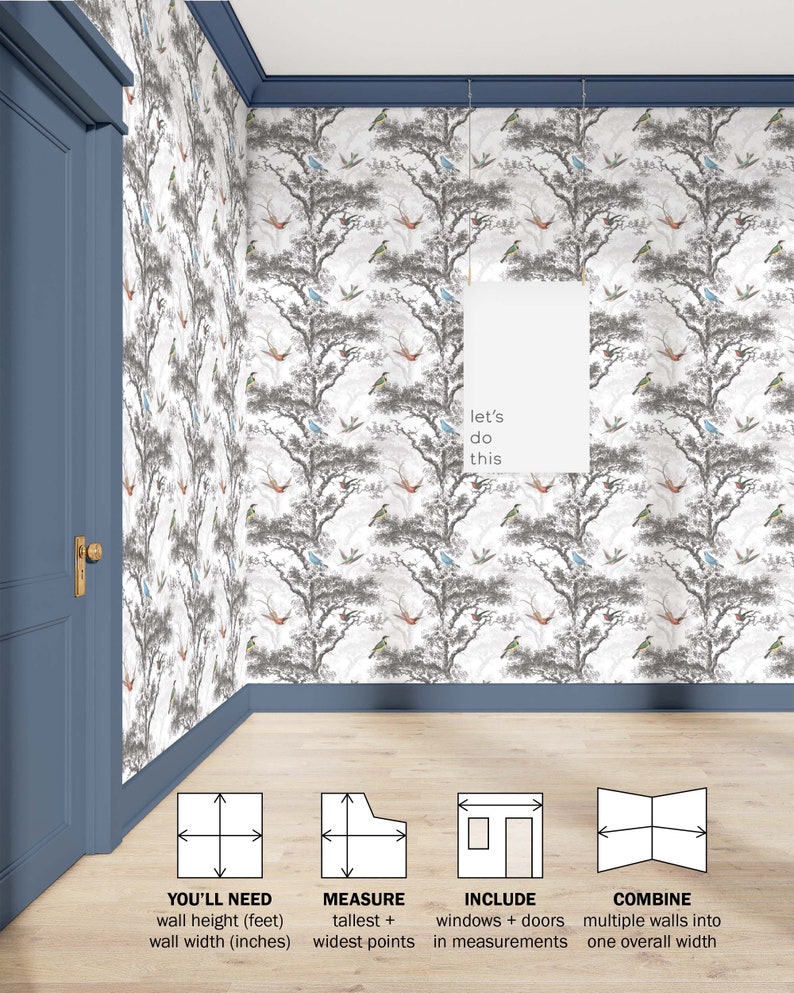 Whimsical Forest Bird Toile Wallpaper Premium Removable Peel Stick Scenic Woodland Landscape Mural Bedroom Bathroom Nursery NA007 image 4