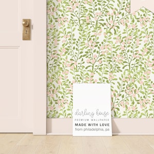 Sage Green Pink Floral Wallpaper | Premium Removable Peel Stick | Preppy Nursery Bedroom Bathroom | Watercolor Botanical Cottagecore | FL059