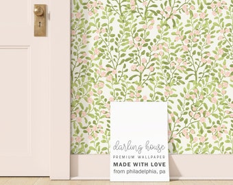 Sage Green Pink Floral Wallpaper | Premium Removable Peel Stick | Preppy Nursery Bedroom Bathroom | Watercolor Botanical Cottagecore | FL059