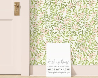 Sage Green Pink Floral Wallpaper | Premium Removable Peel Stick | Preppy Nursery Bedroom Bathroom | Watercolor Botanical Cottagecore | FL059