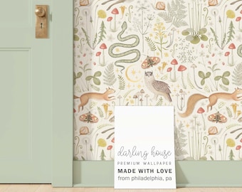 Whimsical Woodland Wallpaper | Peel and Stick, PrePasted, Unpasted | Boho Mystical Forest Mural | BT004-CREM