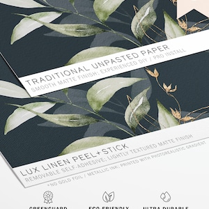 May include: Traditional unpasted wallpaper with a green and gold leafy pattern. The wallpaper is smooth matte finish and has a peel and stick application. The text "TRADITIONAL UNPASTED PAPER" and "LUX LINEN PEEL+STICK" is visible on the image.