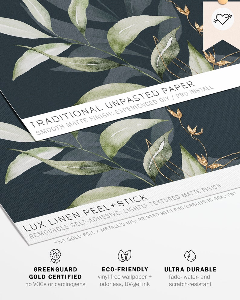 May include: Traditional unpasted wallpaper with a green and gold leafy pattern. The wallpaper is smooth matte finish and has a peel and stick application. The text "TRADITIONAL UNPASTED PAPER" and "LUX LINEN PEEL+STICK" is visible on the image.