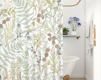 Sage Green Botanical Shower Curtain | Boho Woodland Forest Ferns | Vintage Apothecary Herbs & Plants | Eclectic Cottagecore Bathroom Decor