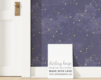 Celestial Stars Constellation Wallpaper | Peel and Stick, PrePasted, Unpasted | Moody Dark Academia | NA014-NAVY