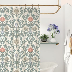 Retro William Morris Shower Curtain | Vintage Sage Green Botanical Print | Antique Art Nouveau Floral | Cottagecore Bathroom Decor |FL076_1M