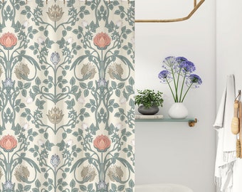 Retro William Morris Shower Curtain | Vintage Sage Green Botanical Print | Antique Art Nouveau Floral | Cottagecore Bathroom Decor |FL076_1M