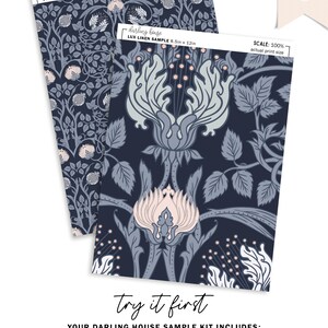 Blue Art Nouveau Floral Wallpaper | Peel and Stick, PrePasted, Unpasted | William Morris Damask | FL077-NAVY Sample Kit
