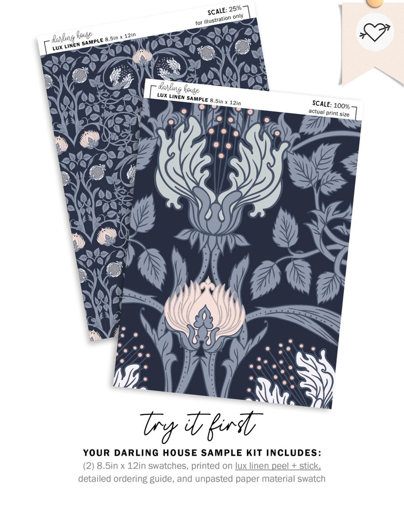 Blue Art Nouveau Floral Wallpaper | Peel and Stick, PrePasted, Unpasted | William Morris Damask | FL077-NAVY Sample Kit