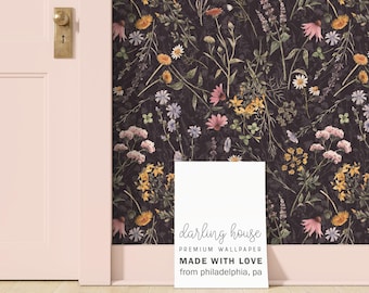 Moody Black Floral Wallpaper | Peel and Stick, PrePasted, Unpasted | Gothic Dark Academia | FL006