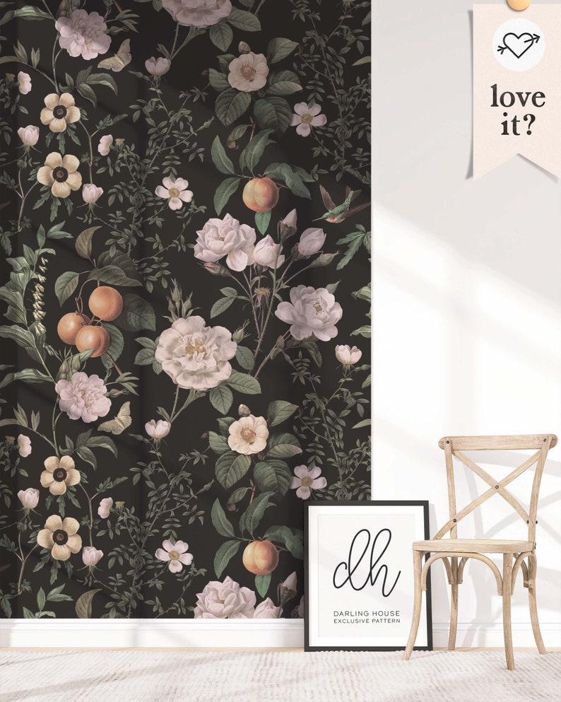 Large Antique Floral Black Wallpaper Premium Removable Peel Etsy