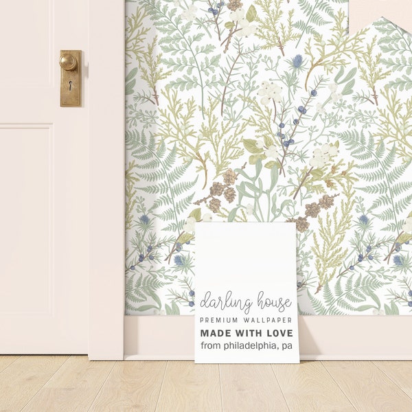 Small Sage Green Botanical Wallpaper | Premium Removable Peel & Stick | Woodland Forest Apothecary Plants | Light Academia Mural | BT022_W