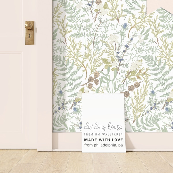 Small Green Fern Leaf Wallpaper | Peel and Stick, PrePasted, Unpasted | Apothecary Botanical | BT022-WHTE