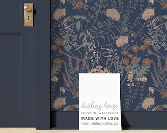 Moody Vintage Floral Wallpaper | Peel and Stick, PrePasted, Unpasted | Gothic Dark Academia | FL068-NAVY