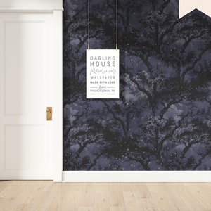 Night Sky Black Forest Wallpaper | Premium Peel Stick | Moody Scenic Woodland Landscape Mural | Gothic Maximalist Dark Academia Decor |NA013