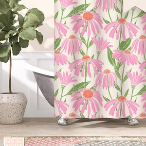 Pink Wildflower Floral Shower Curtain | Colorful Modern Farmhouse Bath Accessory | Boho Cottagecore Bathroom | Eclectic Maximalist  Decor