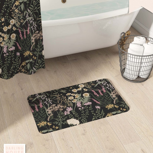 Vintage Wildflower Bath Mat + Matching Shower Curtain | Microfiber Retro Bathroom Rug | Boho Black Botanical | Moody Dark Academia Decor