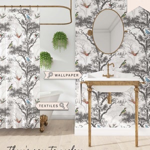 Whimsical Forest Bird Toile Wallpaper Premium Removable Peel Stick Scenic Woodland Landscape Mural Bedroom Bathroom Nursery NA007 image 8