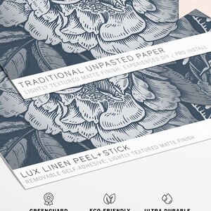 May include: Traditional unpasted wallpaper with a floral pattern in shades of blue and silver. The wallpaper is lightly textured and has a matte finish. It is removable, self-adhesive, and peel and stick. The text on the image reads "Traditional Unpasted Paper, Lightly Textured Matte Finish; Experienced DIY / Pro Install" and "Lux Linen Peel + Stick, Removable Self-Adhesive; Lightly Textured Matte Finish".