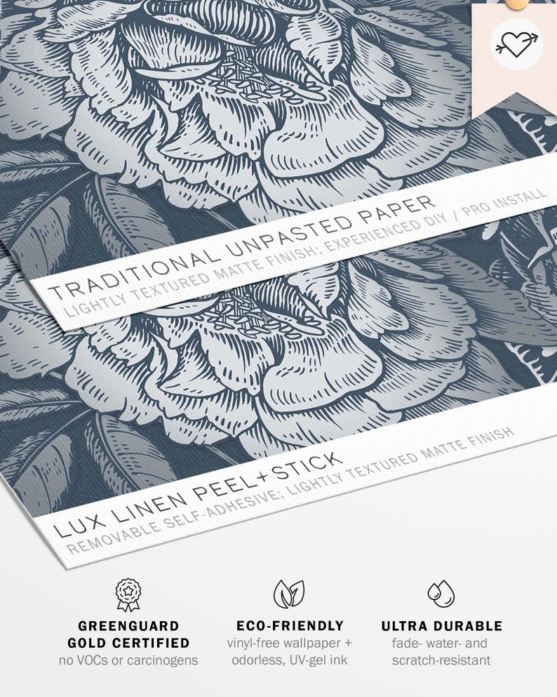 May include: Traditional unpasted wallpaper with a floral pattern in shades of blue and silver. The wallpaper is lightly textured and has a matte finish. It is removable, self-adhesive, and peel and stick. The text on the image reads "Traditional Unpasted Paper, Lightly Textured Matte Finish; Experienced DIY / Pro Install" and "Lux Linen Peel + Stick, Removable Self-Adhesive; Lightly Textured Matte Finish".