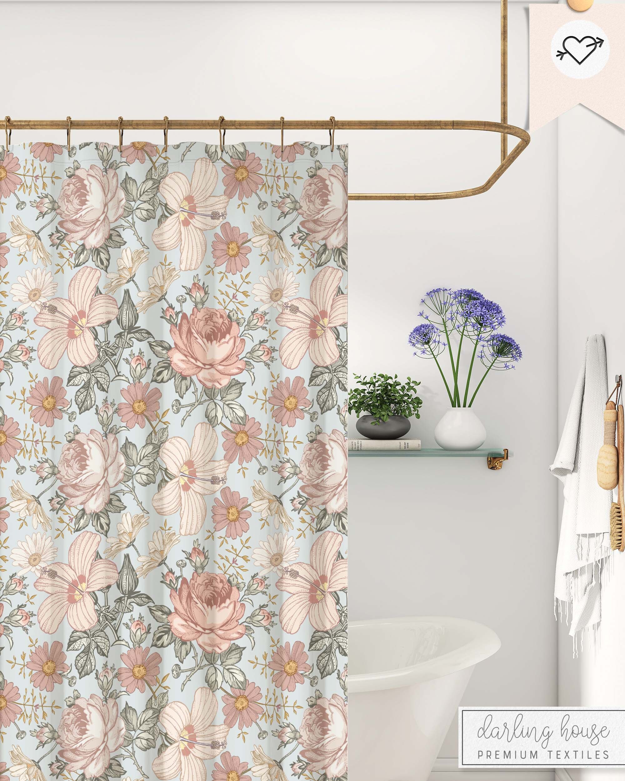 Boho Retro Floral Shower Curtain | Blush Pink Peony Rose Hibiscus Flower | Antique Victorian Botanical | Cottagecore Bathroom Decor