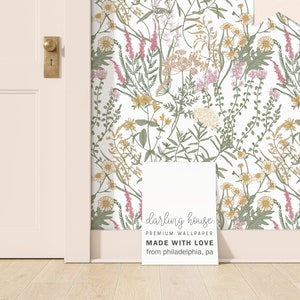 Colorful Wildflower Wallpaper | Peel and Stick, PrePasted, Unpasted | Sage Green Botanical | Floral Cottagecore | FL068-WHTE
