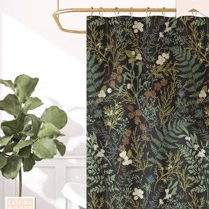 Moody Black Botanical Shower Curtain | Dark Academia Cottagecore | Vintage Apothecary Herbs & Plants | Eclectic Maximalist Bathroom Decor