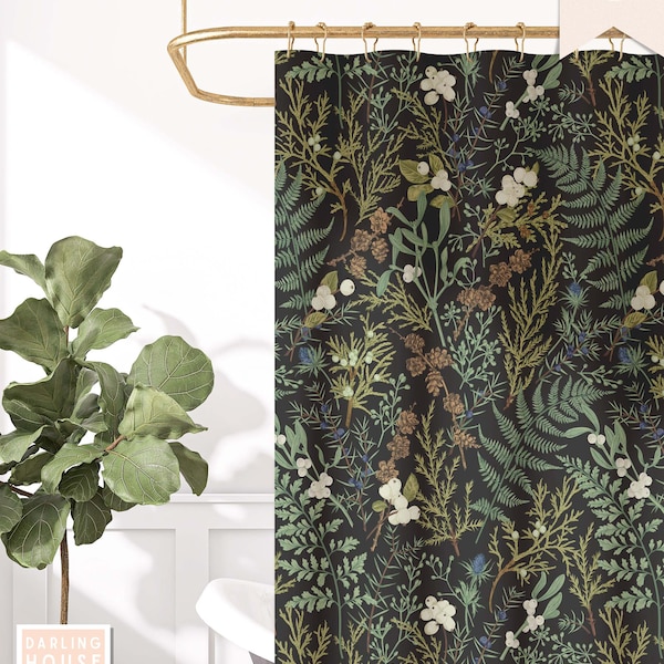 Moody Black Botanical Shower Curtain | Dark Academia Cottagecore | Vintage Apothecary Herbs & Plants | Eclectic Maximalist Bathroom Decor
