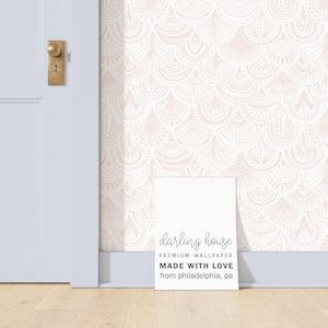 Blush Pink Scalloped Lace Wallpaper | Removable Peel Stick | Boho Girls Nursery Bedroom | Minimalist Cottagecore Coquette Decor | GE003-BLSH