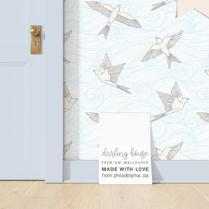 Flying Dove Bird Wallpaper | Premium Removable Peel Stick | Blue Sky Cloud Mural | Whimsical Boho Bedroom Bathroom Nursery Decor | NA005-B