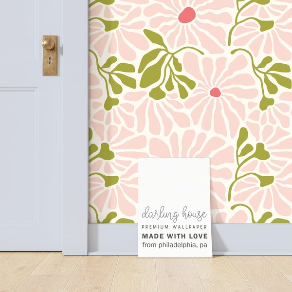 Blush Pink Daisy Floral Wallpaper | Removable Peel Stick | Retro Bedroom Bathroom Nursery Mural | Funky 60s 70s Wall Decor | FL072-PNGR