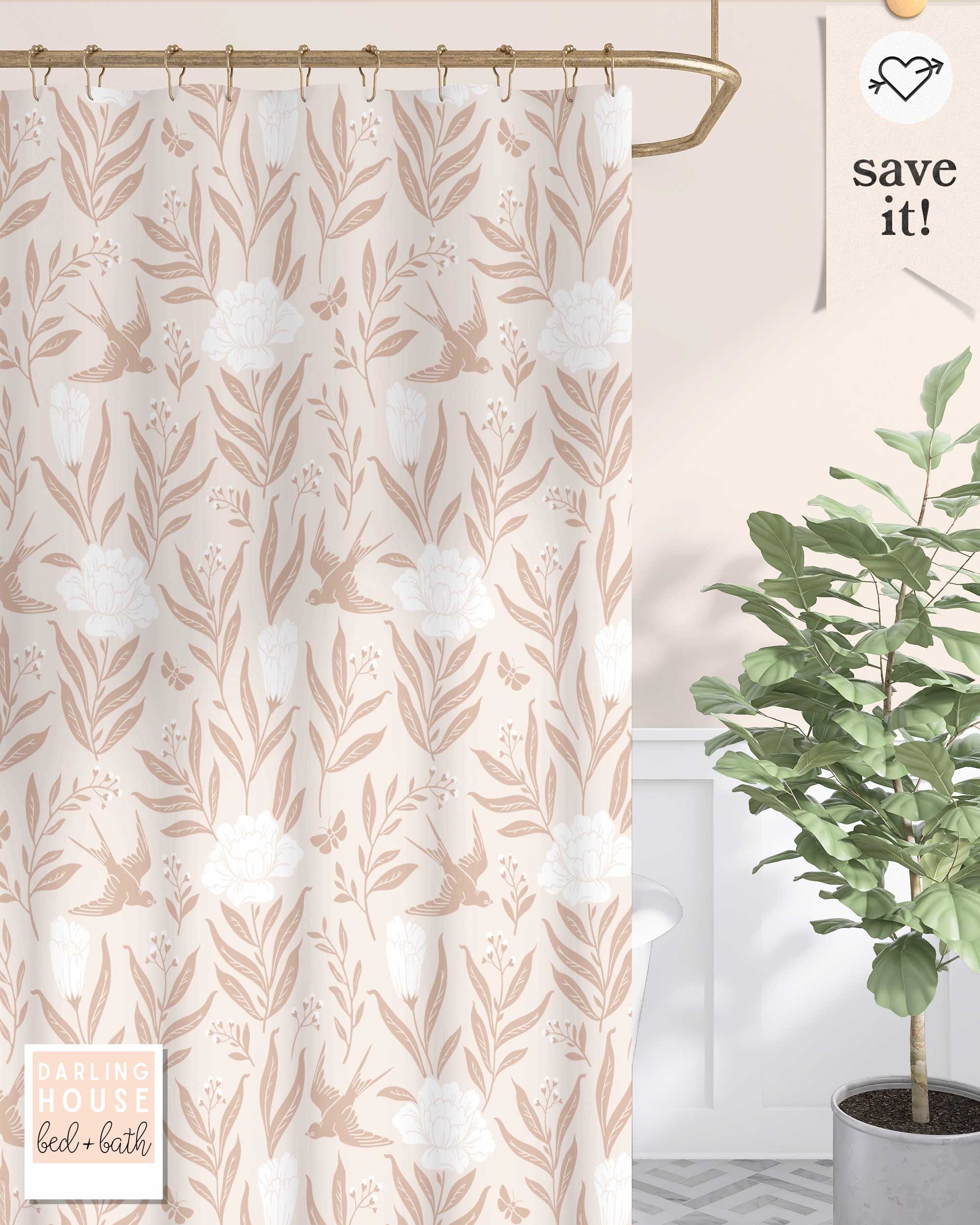 Blush Pink Shower Curtain Retro Scandinavian Folk Art Floral Etsy