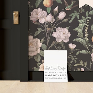 Moody Black Floral Wallpaper | Premium Removable Peel Stick | Emerald Green Botanical Peach Mural | Maximalist Dark Academia Decor | FL043L