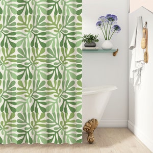 Green Matisse Botanical Shower Curtain | Funky 60s 70s Abstract Checkered Print | Retro Vintage Bathroom | Colorful Boho Bath Decor