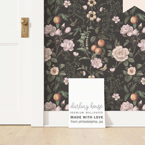 Moody Black Floral Wallpaper | Peel and Stick, PrePasted, Unpasted | Vintage Botanical | Dark Academia | FL042