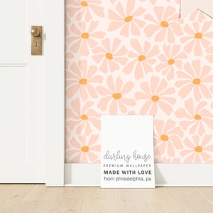 Blush Pink Daisy 60s 70s Floral Wallpaper | Premium Removable Peel Stick | Colorful Bedroom Bathroom Nursery | Funky Maximalist Decor |FL044
