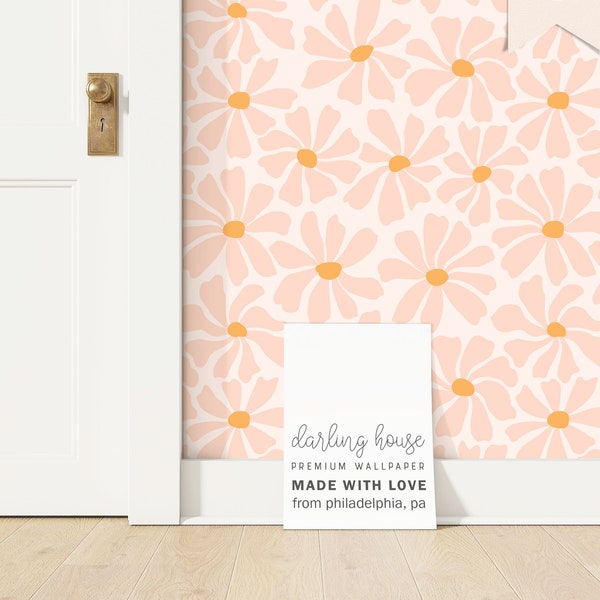 Blush Pink Daisy 60s 70s Floral Wallpaper | Premium Removable Peel Stick | Colorful Bedroom Bathroom Nursery | Funky Maximalist Decor |FL044
