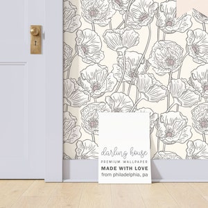 Cream Poppy Wildflower Wallpaper | Removable Peel Stick | Minimalist Boho Floral Mural | Preppy Girls Bedroom Nursery Wall Decor | FL021-C