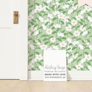 Funky 60s 70s Daisy Green Wallpaper | Premium Removable Peel Stick | Boho Floral Bedroom Nursery | Colorful Cottagecore Wall Decor | FL066-G