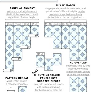 May include: A guide to panel alignment, pattern repeat, and cutting taller panels into shorter pieces for wallpaper installation. The guide includes illustrations of different panel sizes and how they can be combined. It also mentions that the pattern repeats every 26 inches and that some repeats may be taller or shorter.