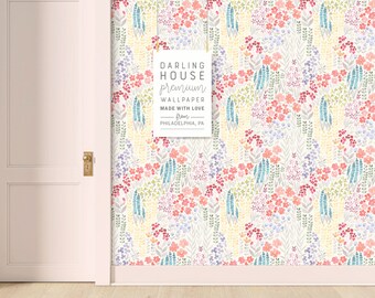 Colorful Floral Wallpaper | Premium Removable Peel Stick | Bright Botanical Watercolor Mural | Cute Girls Nursery Bedroom Bathroom | FL067