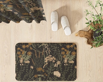 Moody Black Floral Bath Mat | Gothic Dark Academia | Apothecary Botanical | Matching Shower Curtain Option